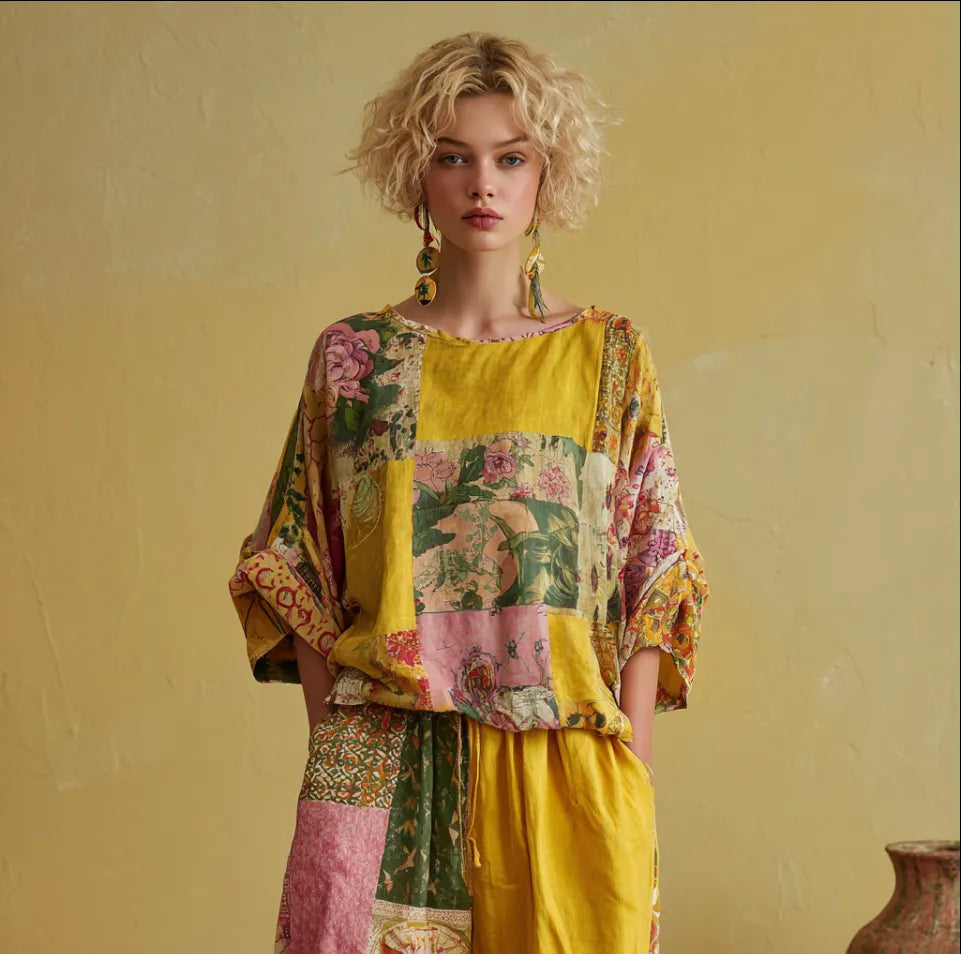 Bohemian Style Plant Flower Pattern Multi-color Women Cotton And Linen Top