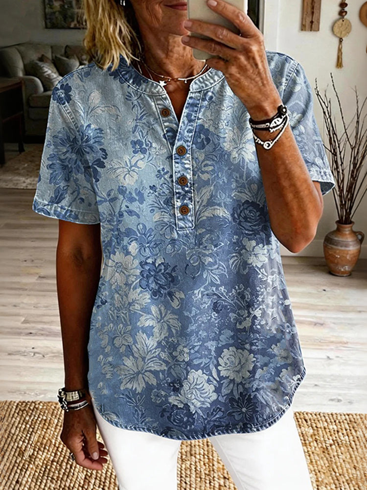 Women's Vintage Floral Art Print Casual Short-sleeve Shirt