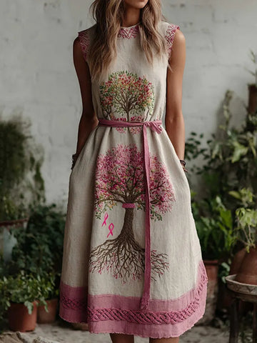 Women's Tree Of Life Pink Ribbon Embroidery Round Neck Vest Midi Dress
