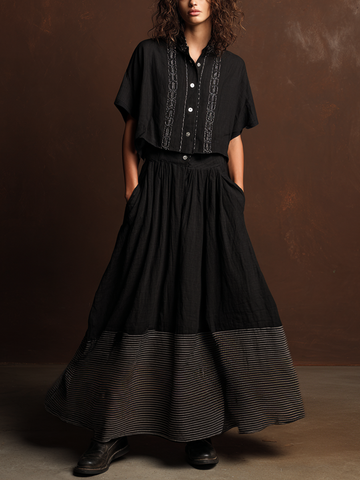 Women's Retro Style Black Cotton Linen Embroidered Short-Sleeve Top And Black Cotton Linen Striped Long Dress Set MDZ1782D5GMJ