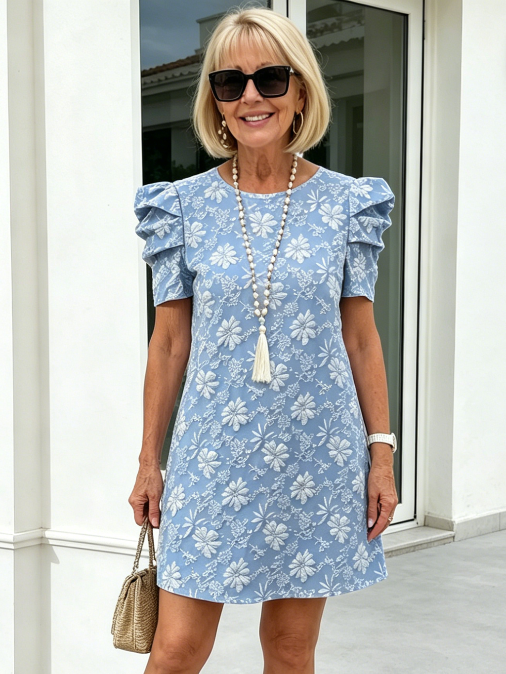 Bubble Sleeve Textured Jacquard Crew Neck Vintage Style Dress