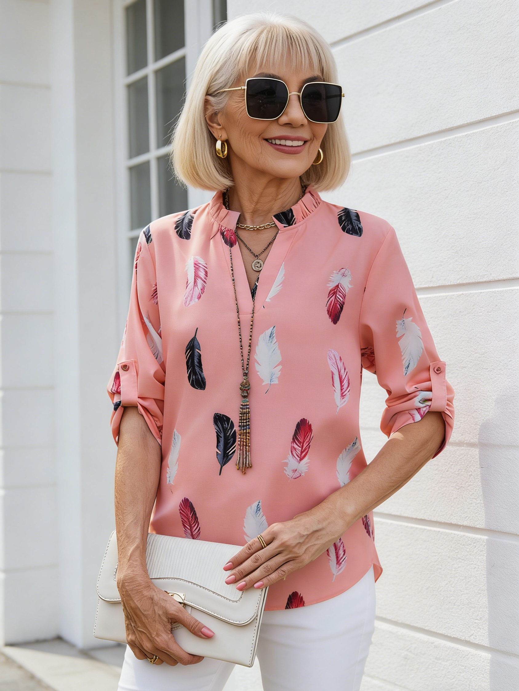 V-neck Feather Print Seven-quarter Sleeve Loose Shirt