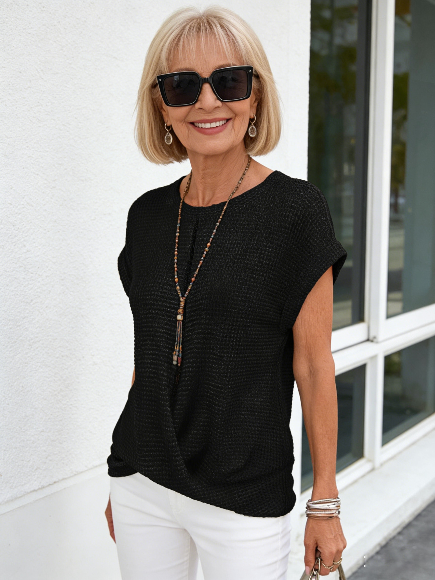 Textured Fabric Crew Neck T-Shirt Elegant Short Twist Hoop Top Women's Cross