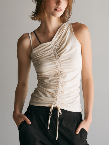 Women’s Beige Asymmetrical Ruched Drawstring Tank Top MDZ2761D0T