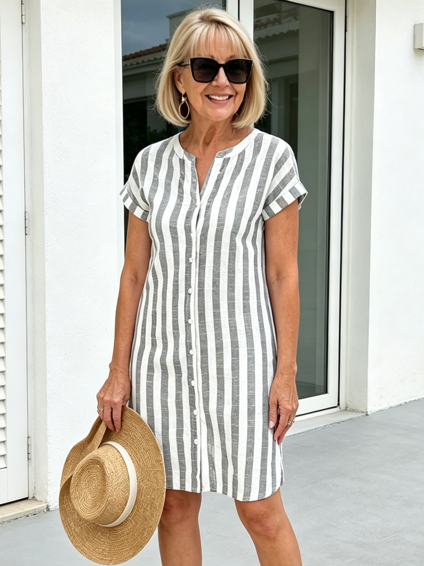 Breathable Cotton Dress Loose Casual Striped Shirt Dress