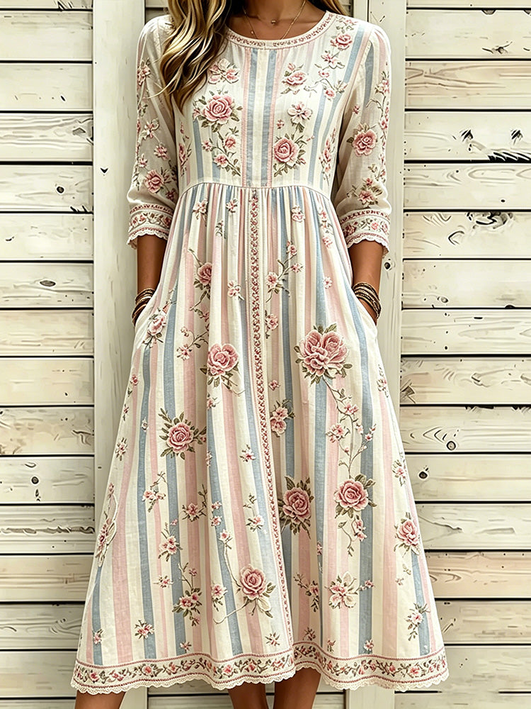 Women's Floral Rose Art Embroidered Linen Blend Striped Round Neck Dress