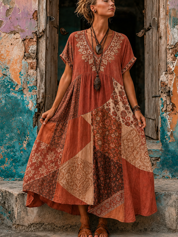 Women's Vacation Linen Floral Print V-Neck Short Sleeve Maxi Dress