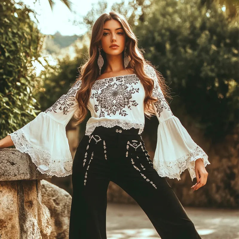 Women's Bohemian Elegance Embroidered Lace Top With Flared Sleeves