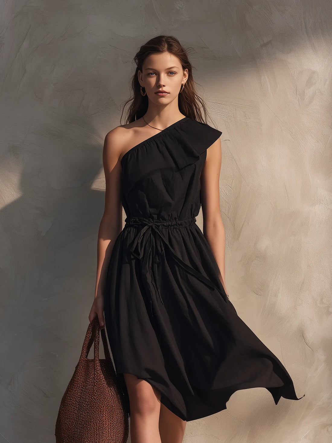 Women's Casual Black Cotton-Linen Asymmetrical-Shoulder Sleeveless Midi Dress MDZ2398D0LXY