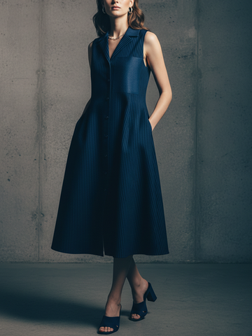 Women's Minimalist Navy And White Striped Cotton Blend Sleeveless Shirt Dress With Leather Detailing MDZ1757D4GMJ