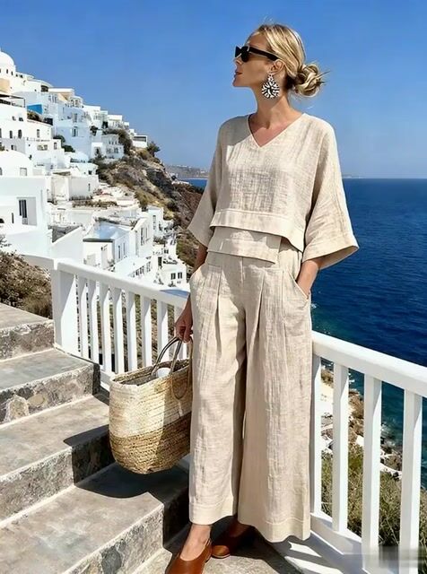 Women'S Casual Solid Color Cotton And Linen Top And Pants Two-Piece Set
