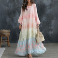 Women's Floral Art Embroidered Linen Blend Round Neck Long Sleeve Dress