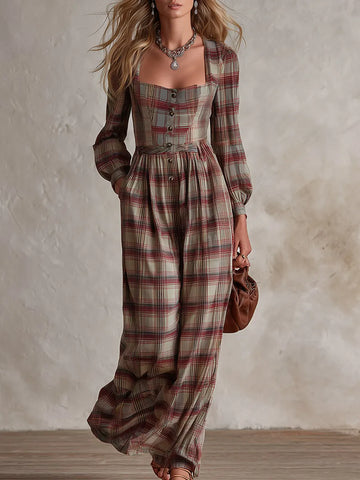Vintage-style Elegant Reddish-brown Plaid Square-neck Long-sleeve Jumpsuit