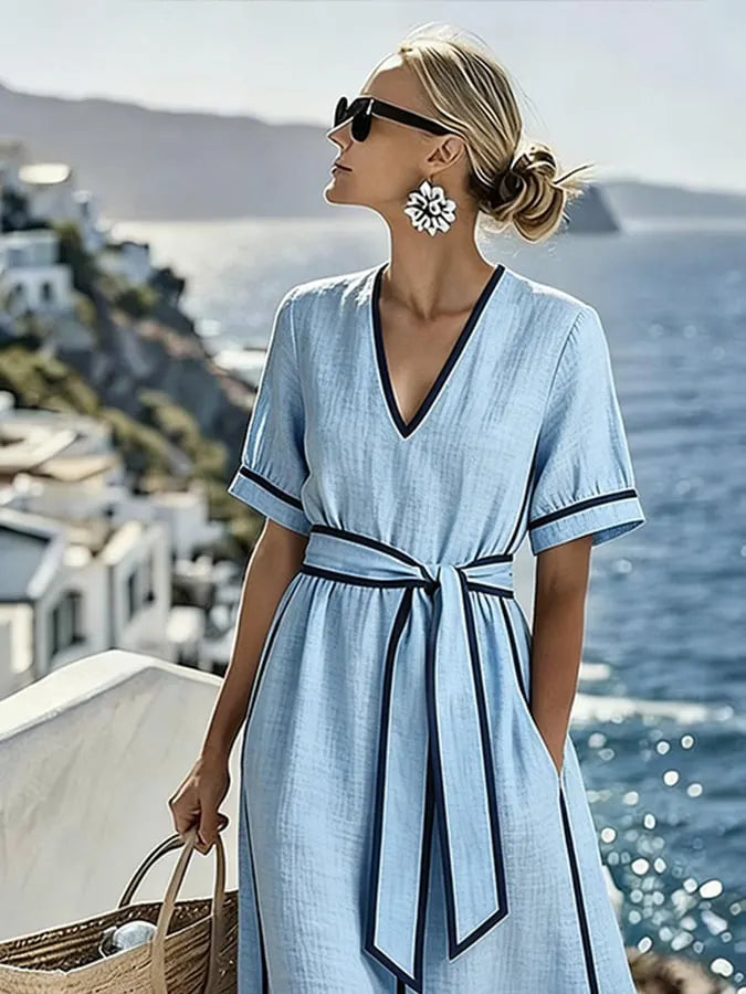 Women's Casual V-neck Color Block Loose Dress