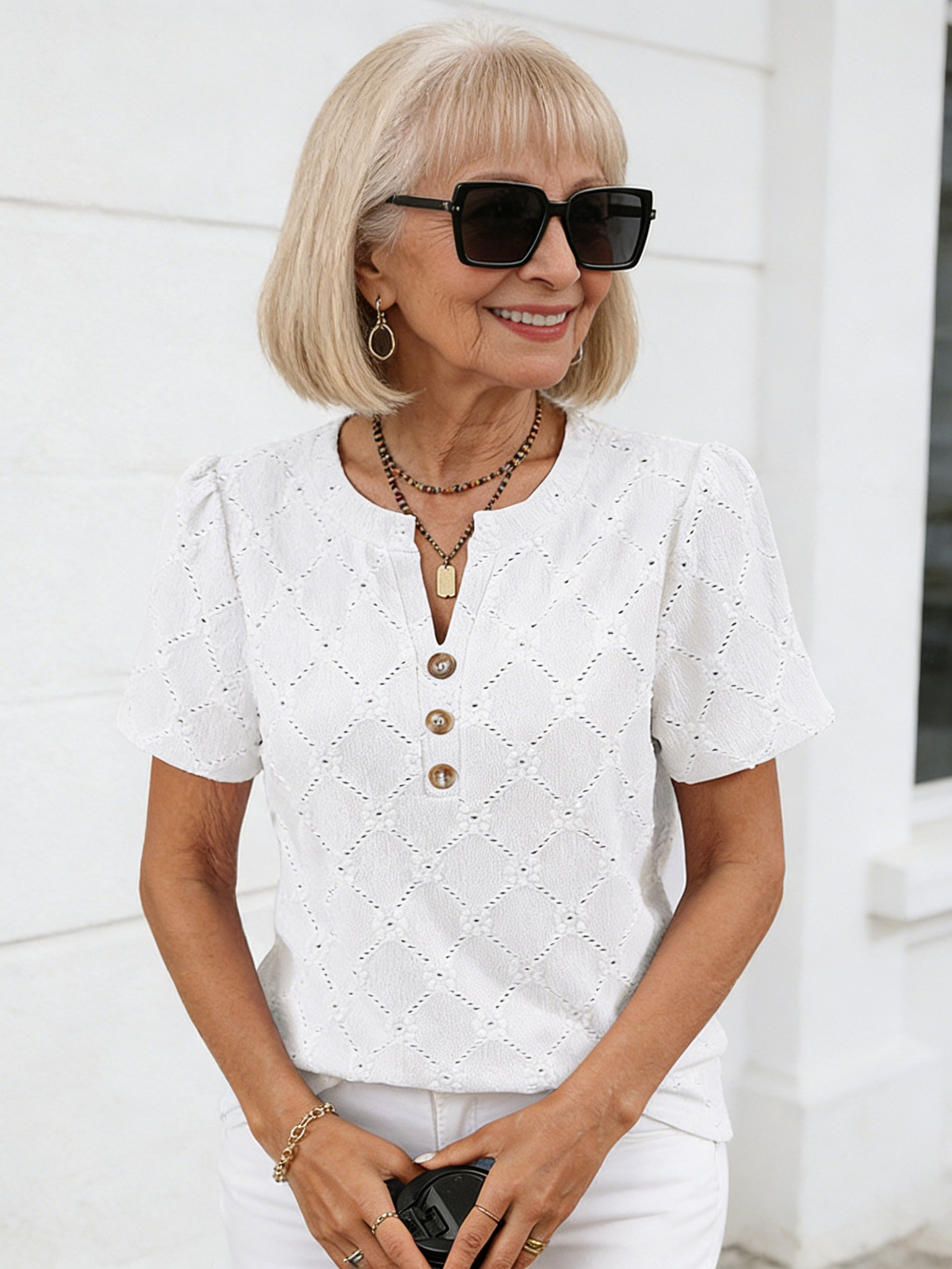 Crew Neck Short Sleeve Flower Jacquard Top Button T-Shirt
