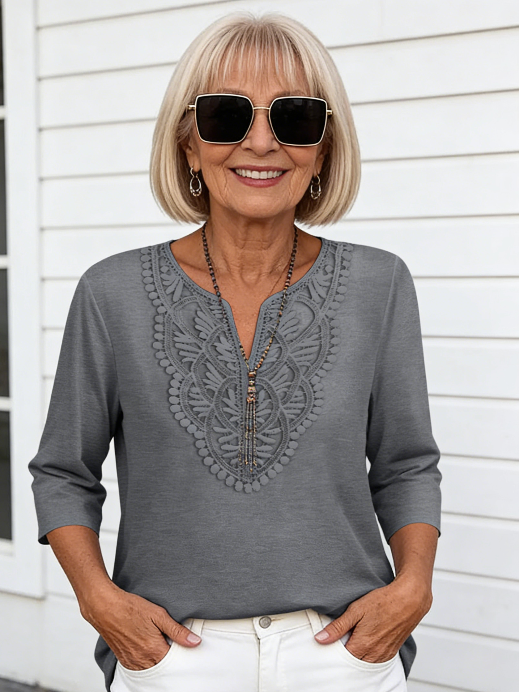 V-neck Lace Splicing Loose Women's Solid Color Seven-quarter Sleeve T-shirt Top Solid Color