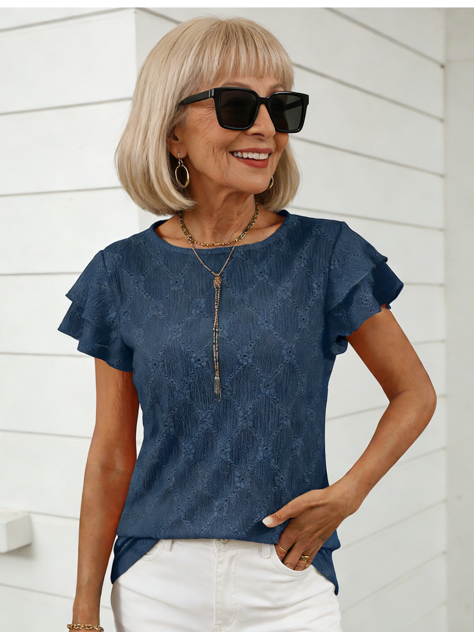 Solid Color Round Neck Short-sleeved T-shirt Hollow Top