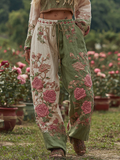 Love & Health Collection Vintage Retro Rose And Floral Patchwork Art Linen Pants