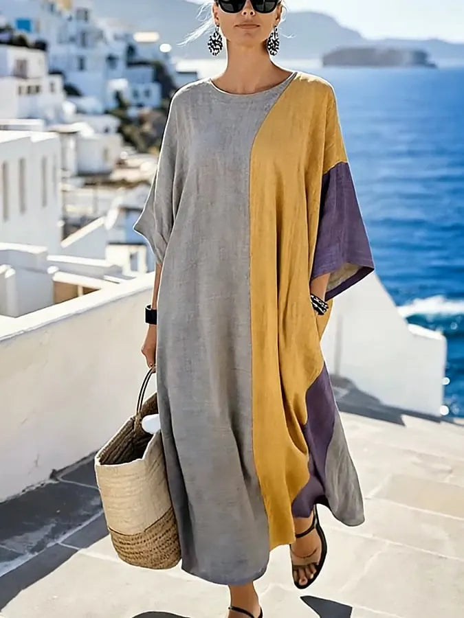 Women'S Casual Color-Block Cotton And Linen Dress