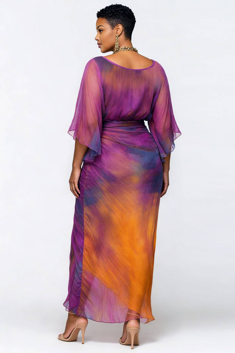 Xpluswear Design Plus Size Cocktail Party Purple Tie Dye Round Neck Flare 3/4 Sleeve Ruched Chiffon Maxi Dresses