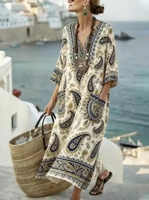 Women'S Casual Color-Block Cotton And Linen Dress