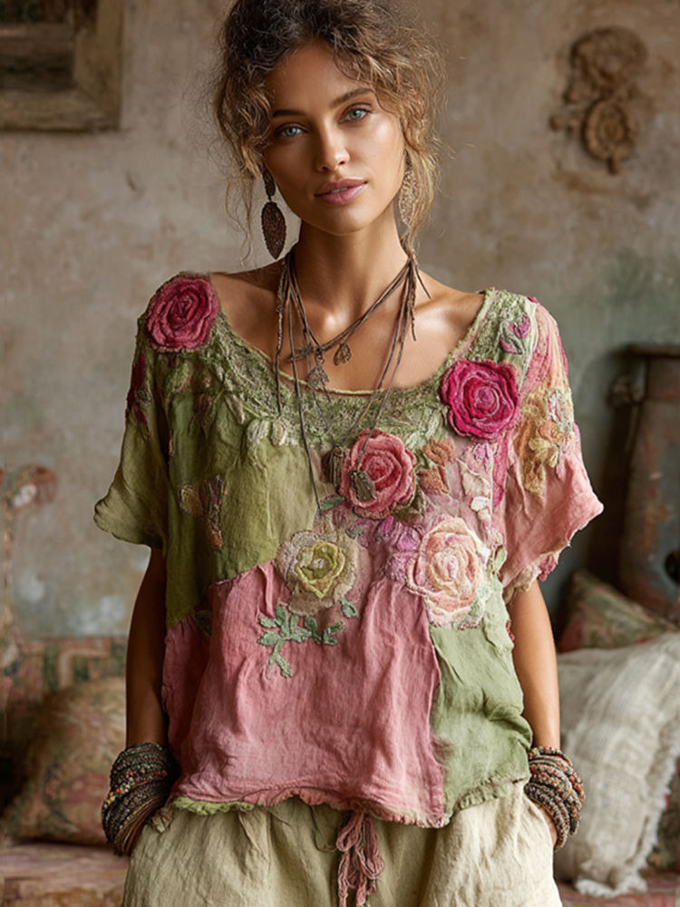 Vintage Pink Roses Patchwork Art Linen Tunic