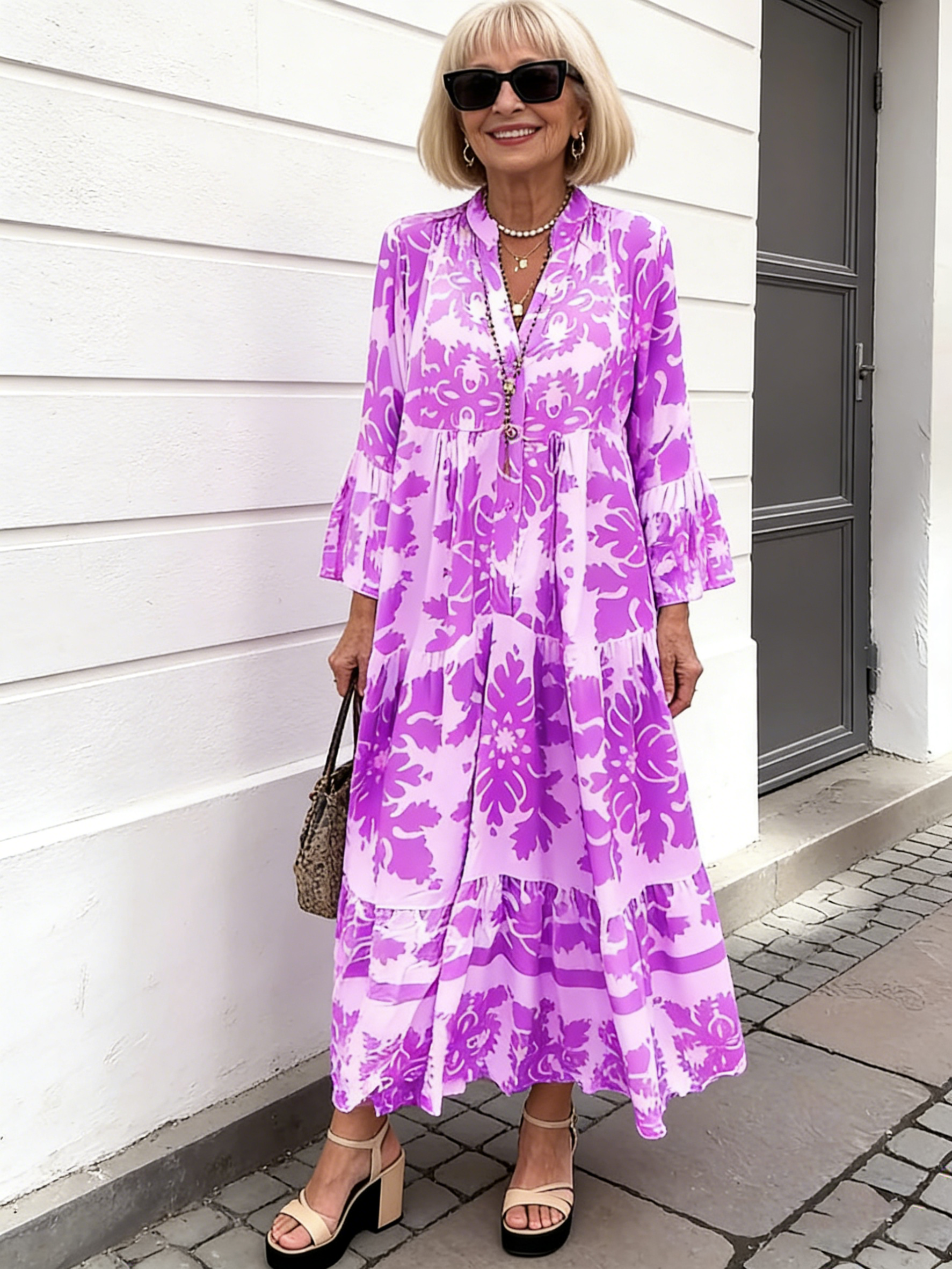 Stand-up Collar Flared Sleeves Printed Casual Dress