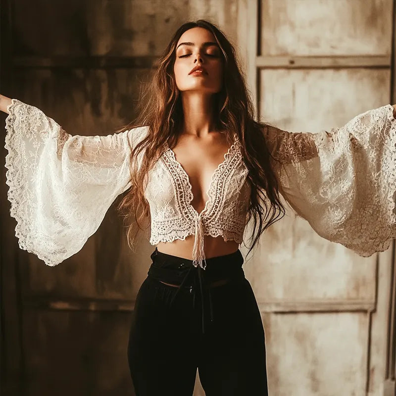 Women's Elegant Lace Crop Top With Flared Sleeves