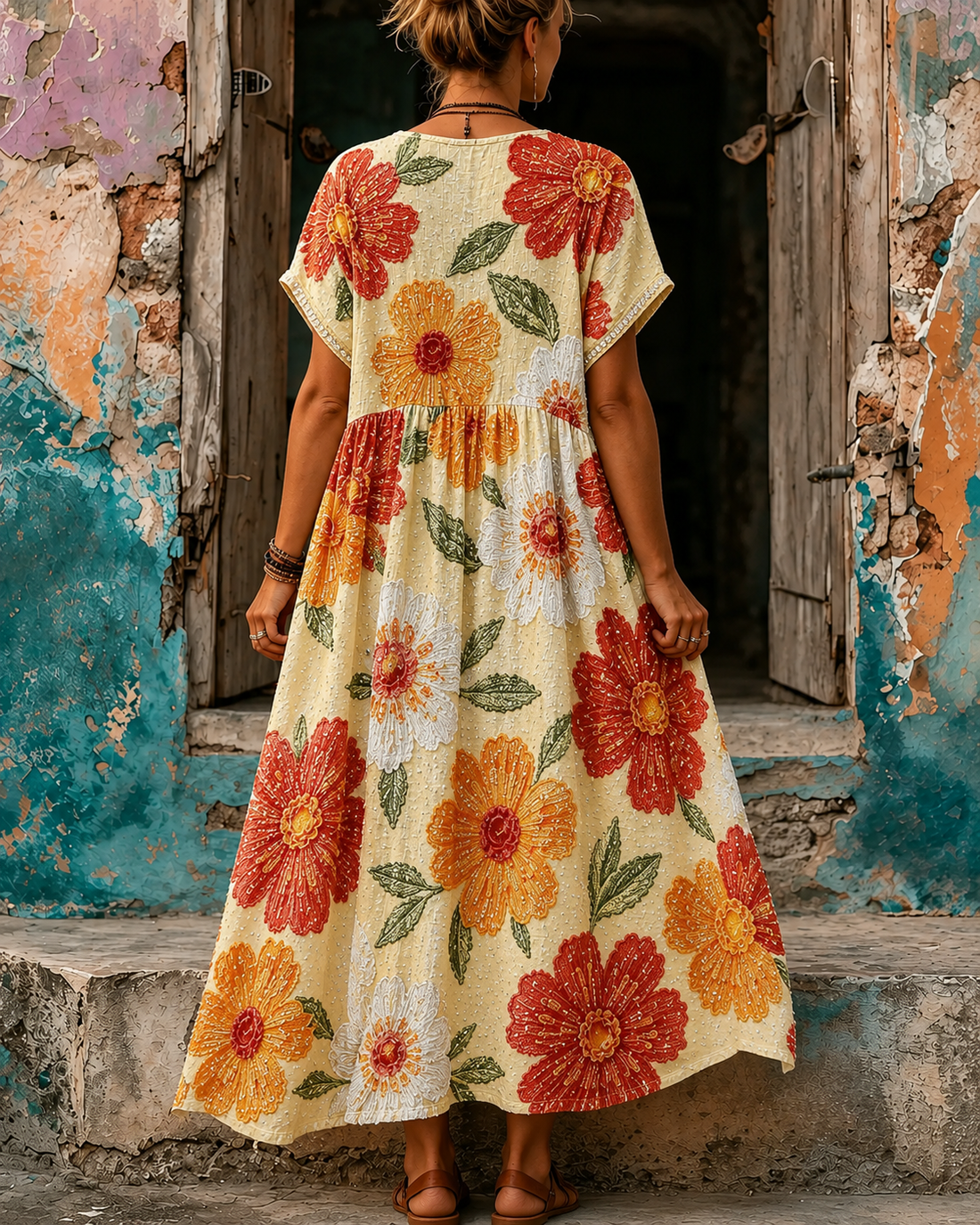 Women's Vacation Linen Boho Floral Print V-Neck Short Sleeve Maxi Dress