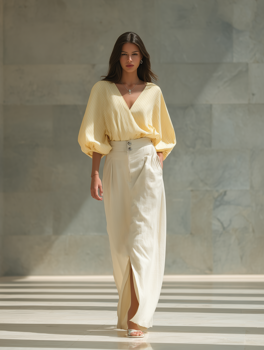 Women’s Yellow Striped Wrap Blouse & Beige High-Waisted Linen Maxi Skirt With Slit Two-Piece Set MDZ2528D2T