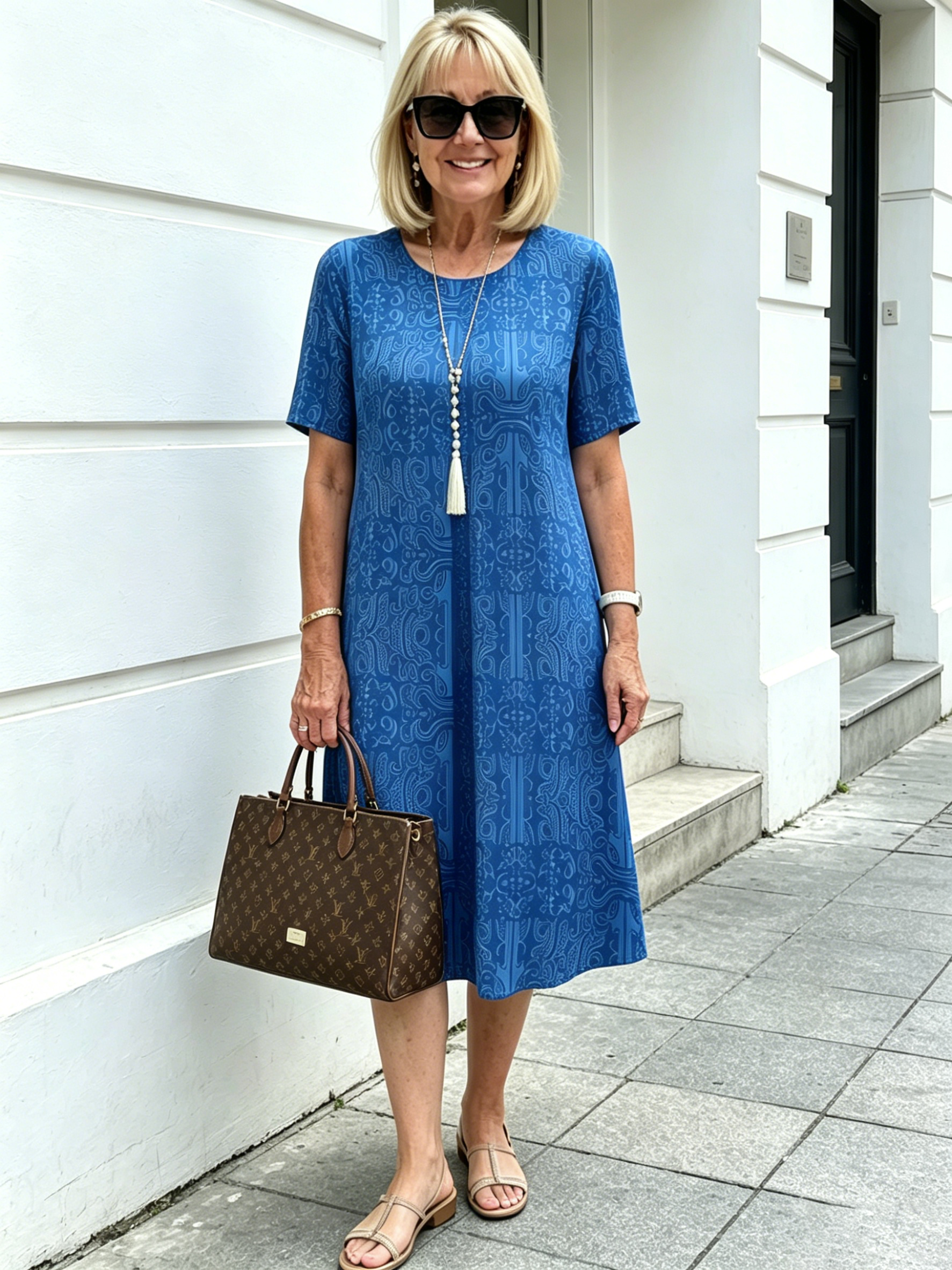 Blue Paisley Print Loose Midi Dress, Round Neck Short Sleeve Tummy Concealing Slimming Temperament Dress for Mature Women