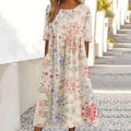 Women's Floral Print Crew Neck Linen Blend Casual Midi Dress