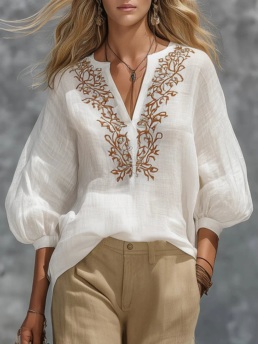 Loose-fitting V-neck Linen And Cotton Shirt