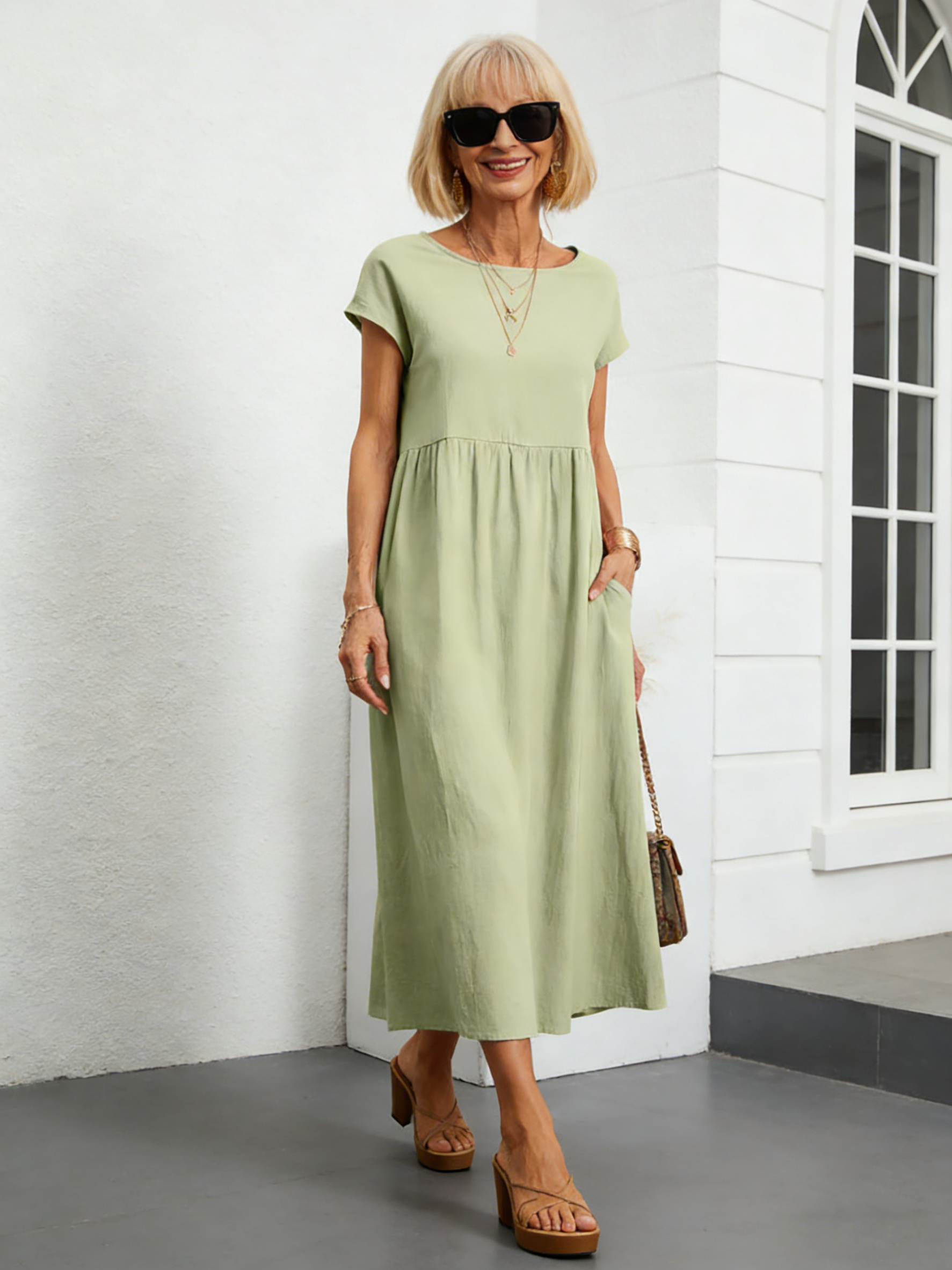 Solid Color Linen Round Neck Fitted Dress