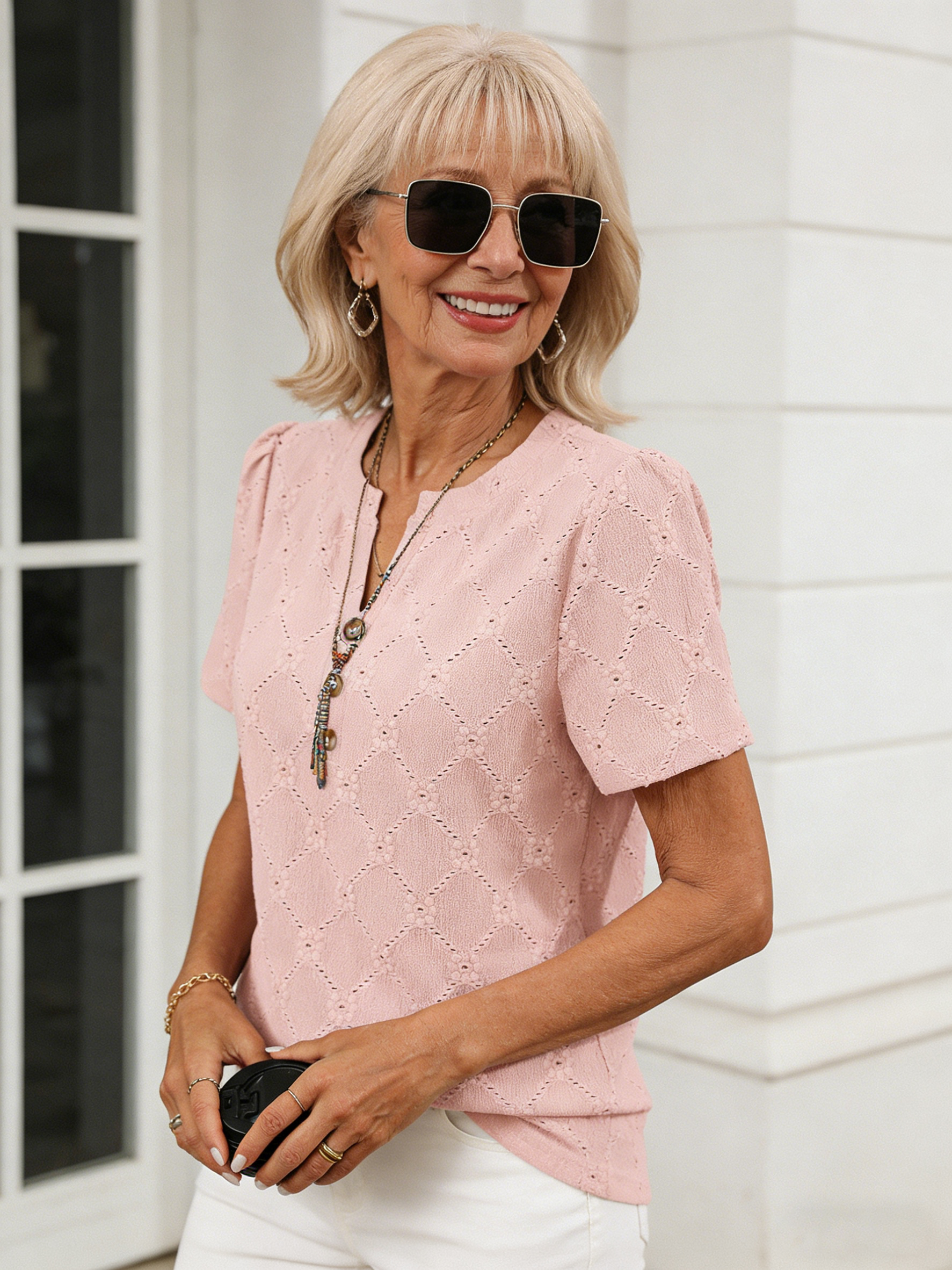 Crew Neck Short Sleeve Flower Jacquard Top Button T-Shirt