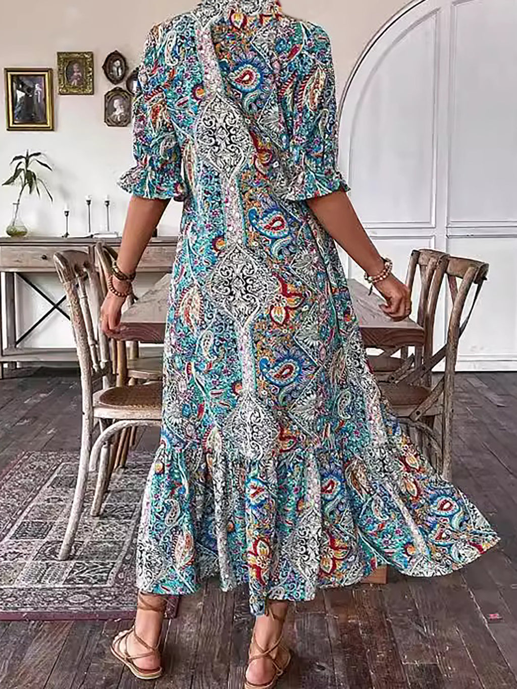 Vacation DRESS Paisley Bohemian Long Length Vintage Print Tassel Tie Neck Tunic Dress - Elegant Vacation Style with Drawstring, Ruffle Hem, and Random Printing