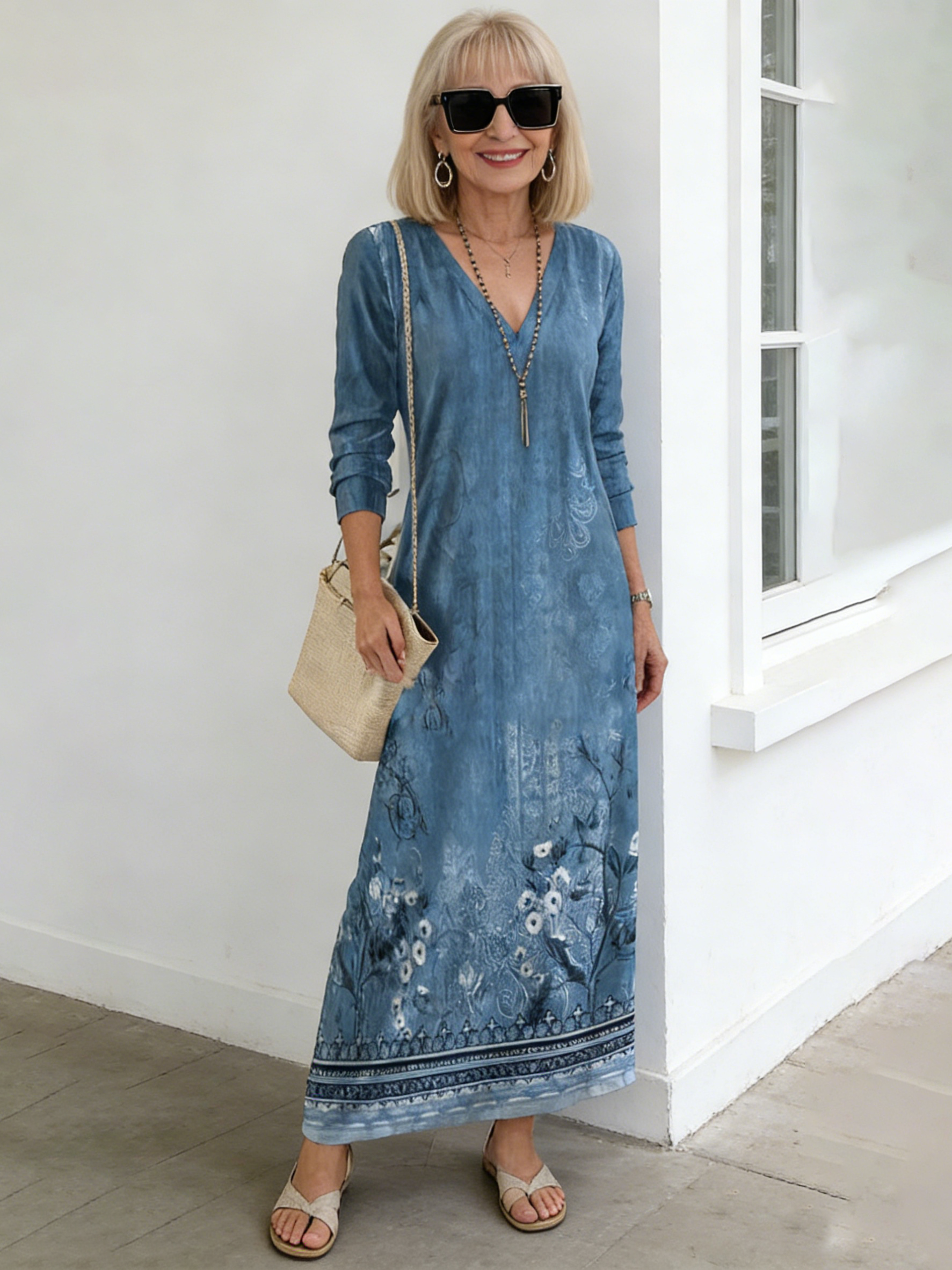 Digital Printing V-neck Long-sleeved Dress