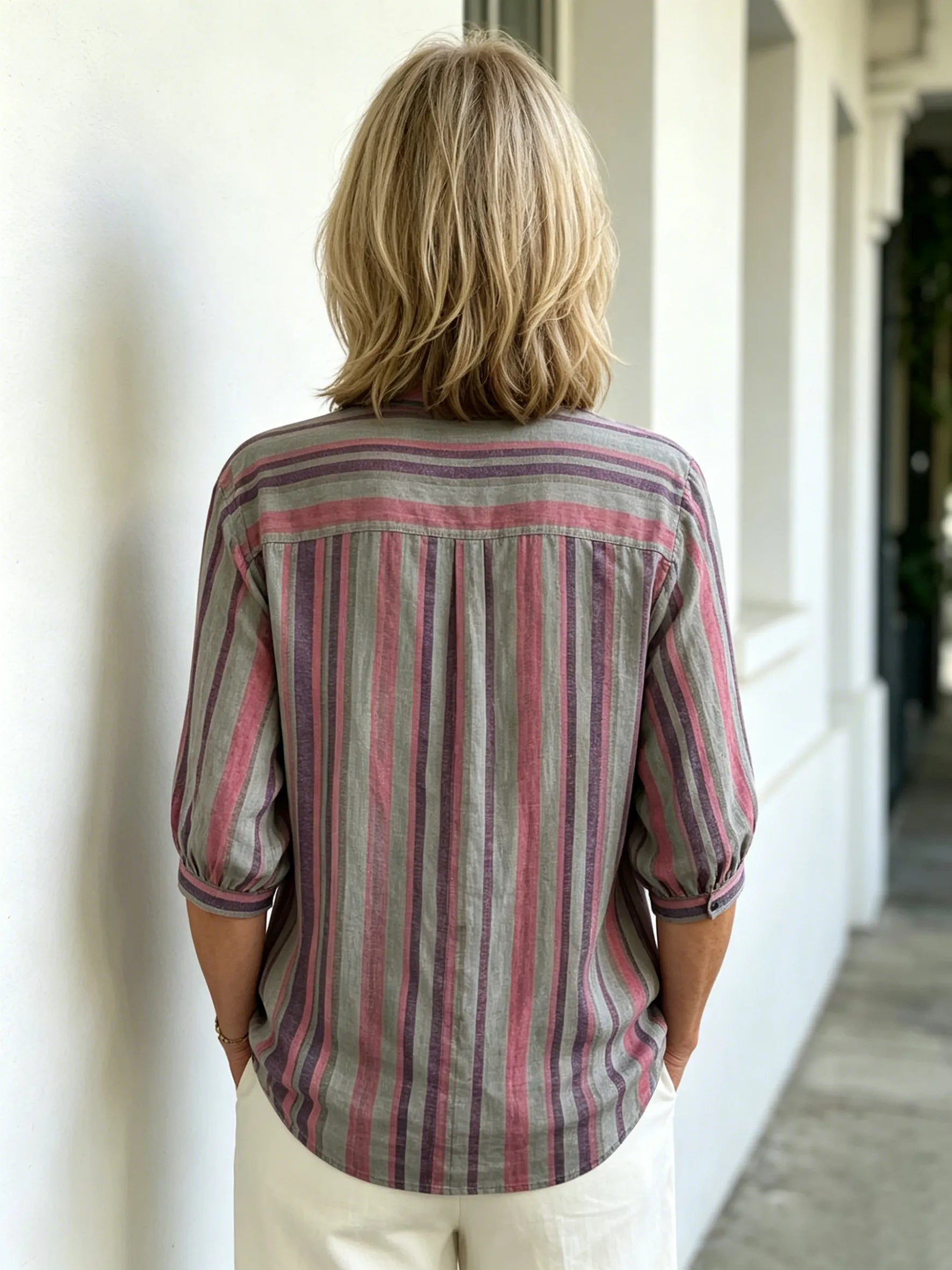 Contrasting Striped Shirt Lapel Single-breasted Medium Sleeve Top Women's Shirt