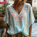 Vintage Pink Rose And Lace Washed V-neck Short Sleeve Top