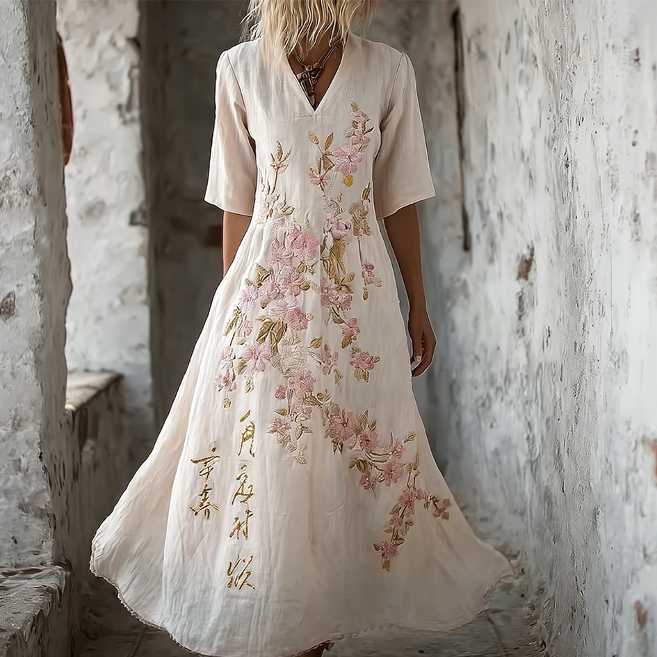Sakura Embroidery Pattern Casual Linen Dress