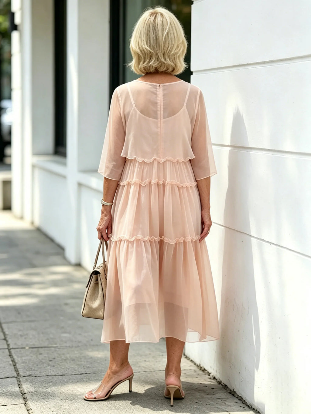 Light Blue Tiered Ruffle Chiffon Midi Dress, Round Neck Flutter Short Sleeve Loose Plus Size Elegant Women Dress