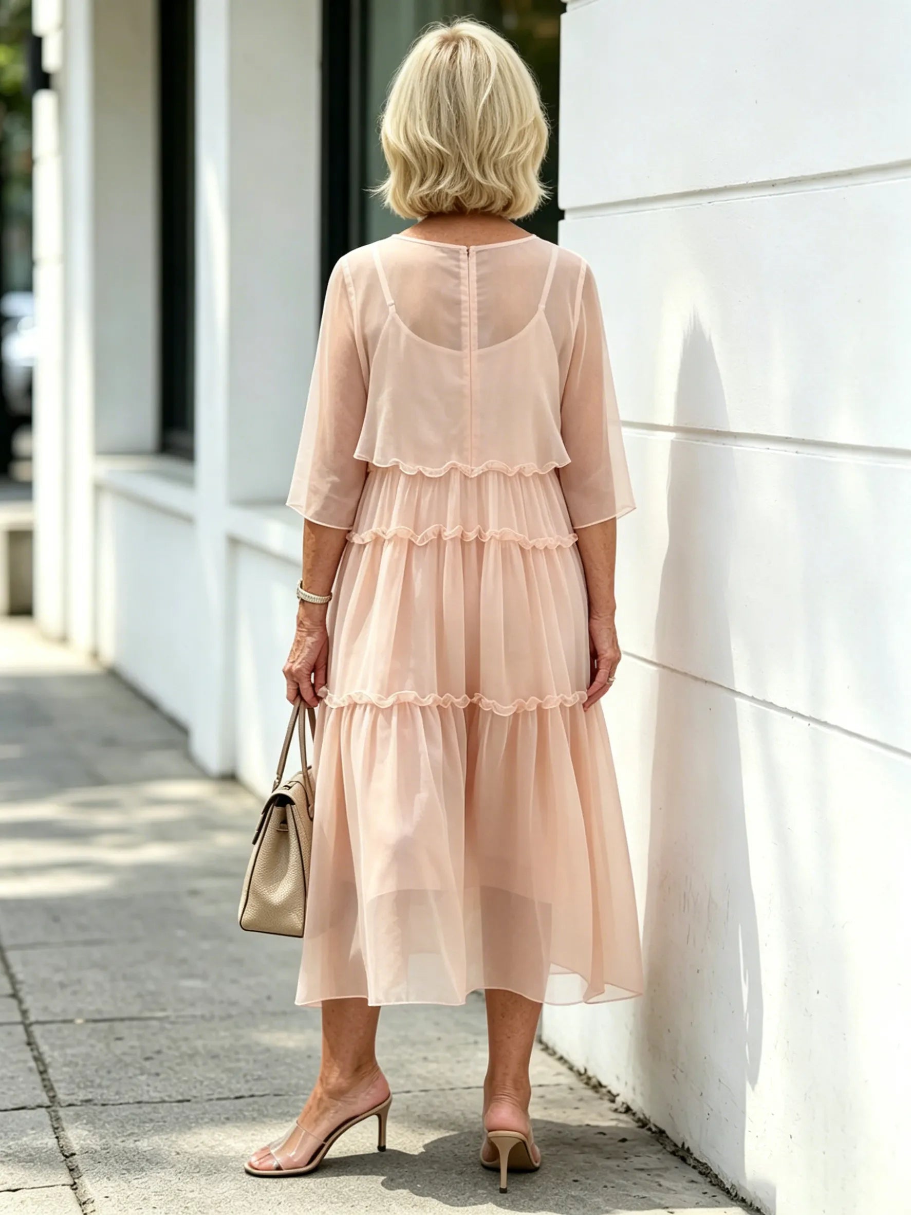 Light Blue Tiered Ruffle Chiffon Midi Dress, Round Neck Flutter Short Sleeve Loose Plus Size Elegant Women Dress