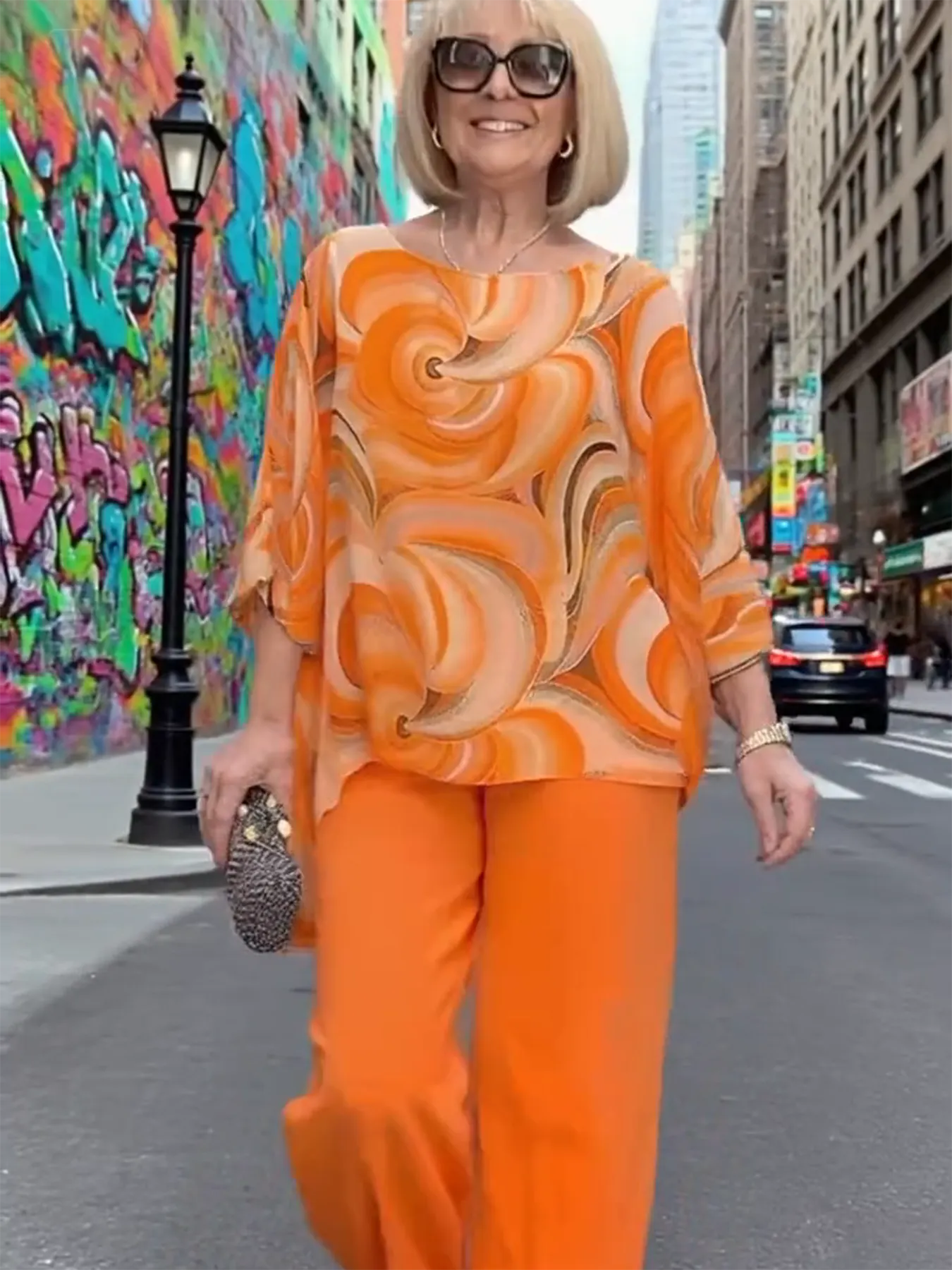 2Pcs Color Chiffon Set Casual Crew Neck Printed Two-piece Set Women