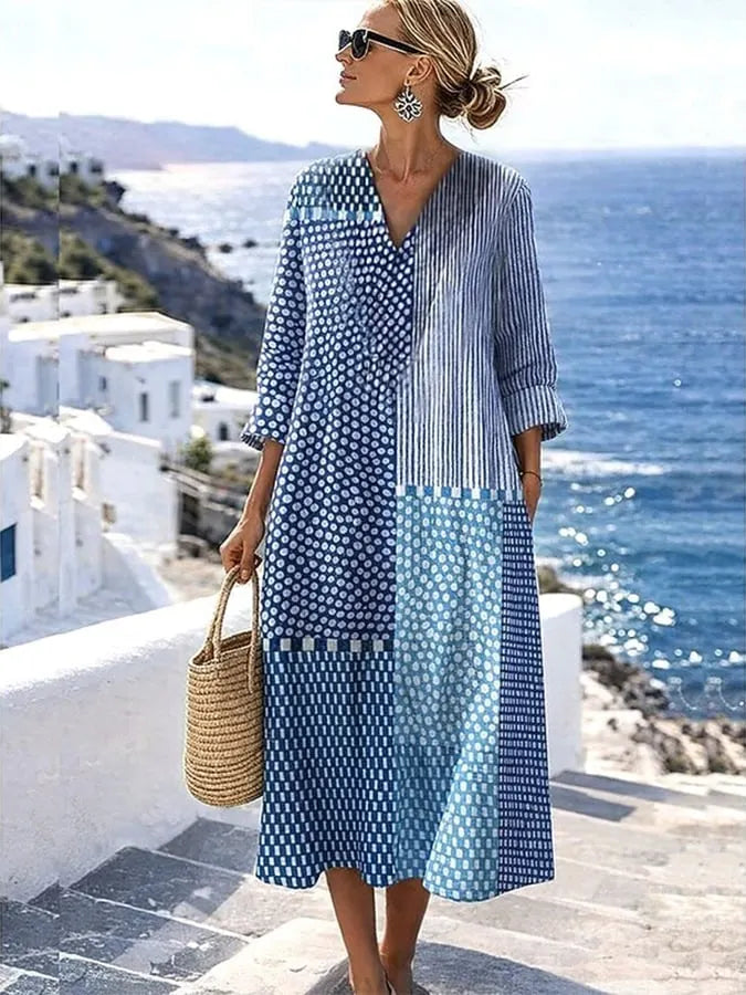 Women's Casual Cotton and Linen Geometric Pattern Printed Loose Short Sleeve Dress