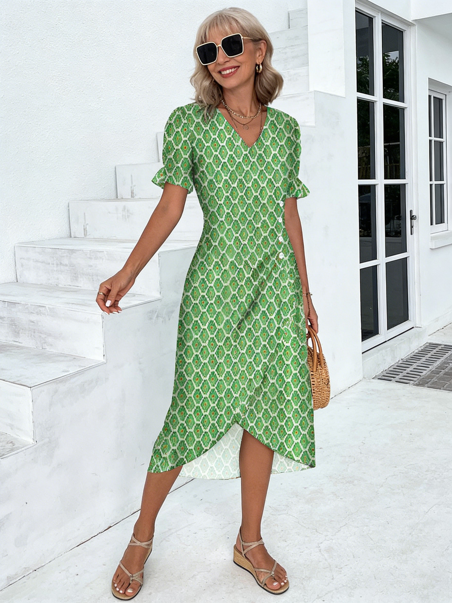 Slim-fit Women's Clothing Geometric Collage Bubble Sleeves Irregular Hem Dress