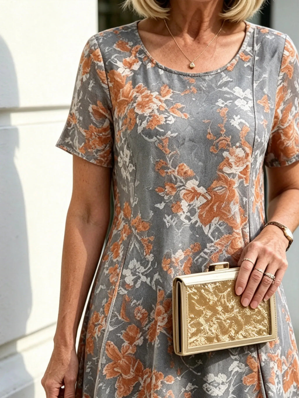 Grey & Orange Floral Mesh Layered Midi Dress, Round Neck 3/4 Sleeve Loose Tummy Concealing Plus Size Dress for Mature Women