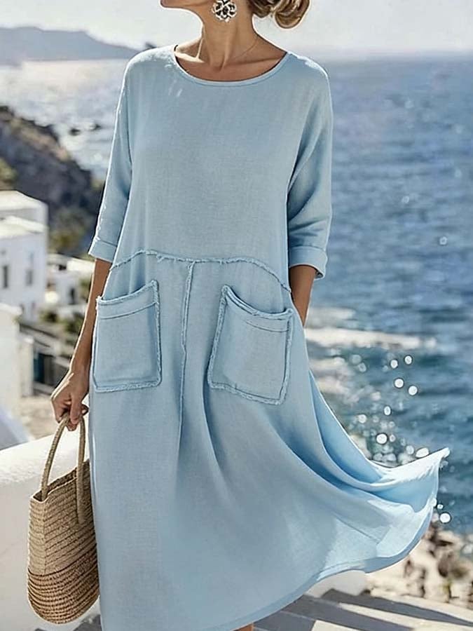 Women'S Casual Solid Color Dress With Large Pockets