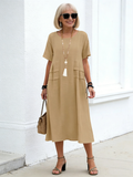 Plus Size Loose Casual Cotton and Linen Solid Color Round Neck Short-sleeved Medium and Long Dress
