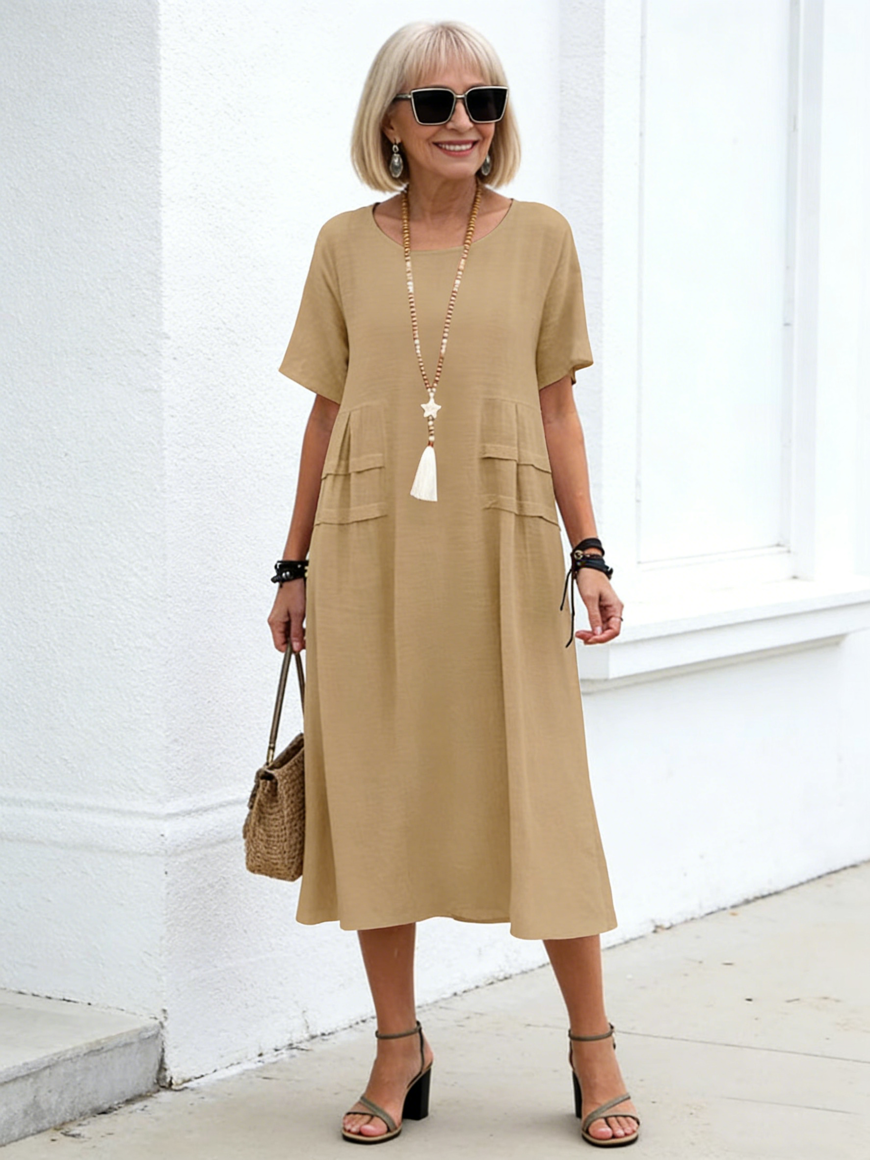 Plus Size Loose Casual Cotton and Linen Solid Color Round Neck Short-sleeved Medium and Long Dress