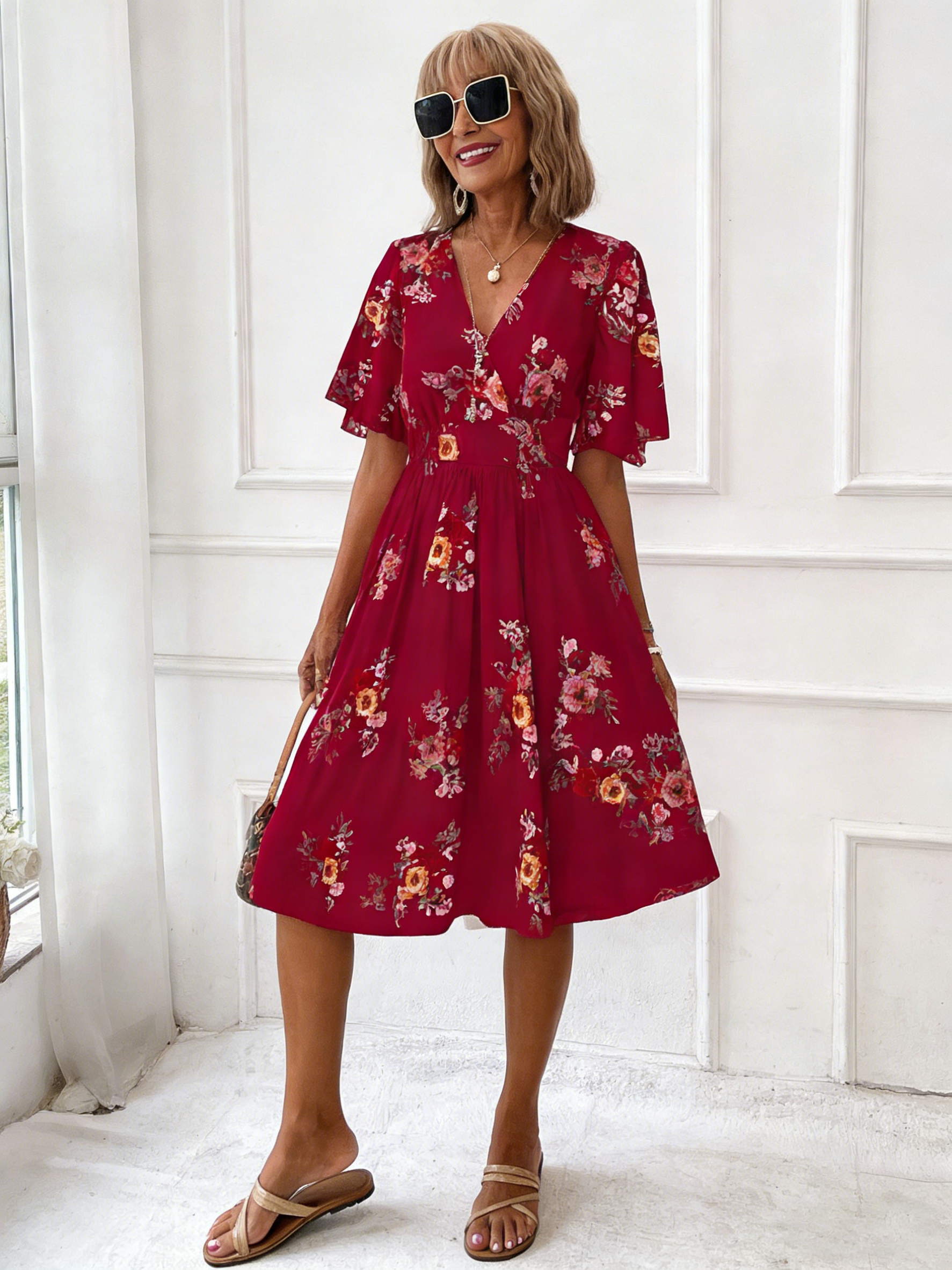 Seaside Vacation Dress Plant Flower Print Dress